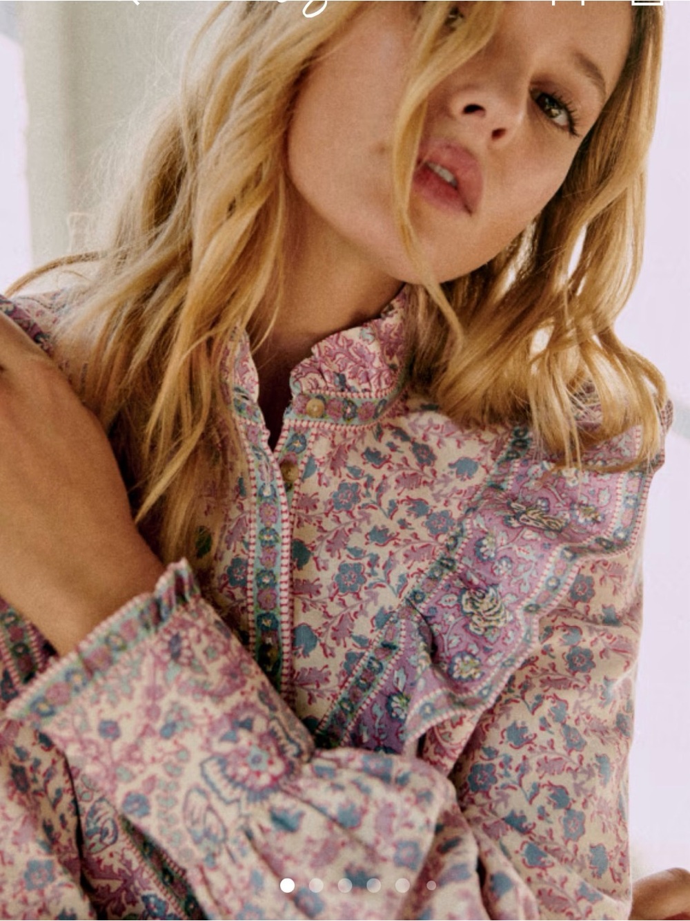 Women’s Pink Floral Ruffle-Trim Blouse with Blue Accents